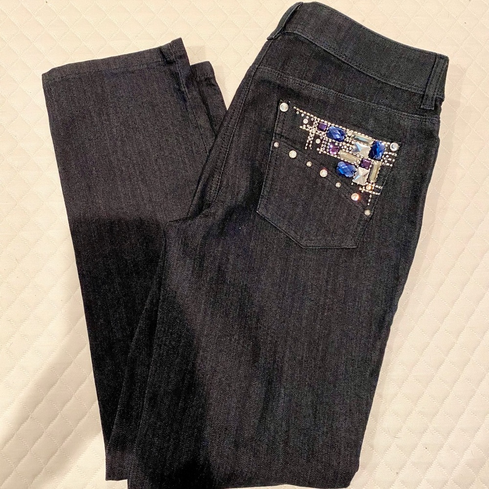 Chico’s Platinum Denim Jeans with Rhinestones.